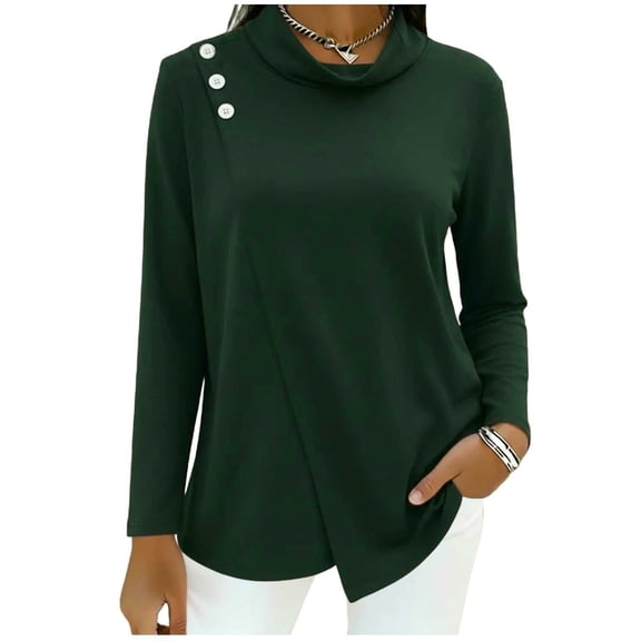 Turtle Neck Blouses for Women Button Asymmetric Hem Pullover Tops Solid Long Sleeve Shirts Lightweight Slim Fit Sweatshirts Thin Fashion T-Shirt 2026 Summer Tops