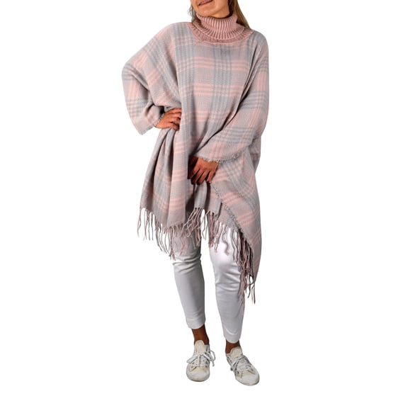 Turtle Neck Checkered Winter Poncho Sweater Pullovers With Fringes