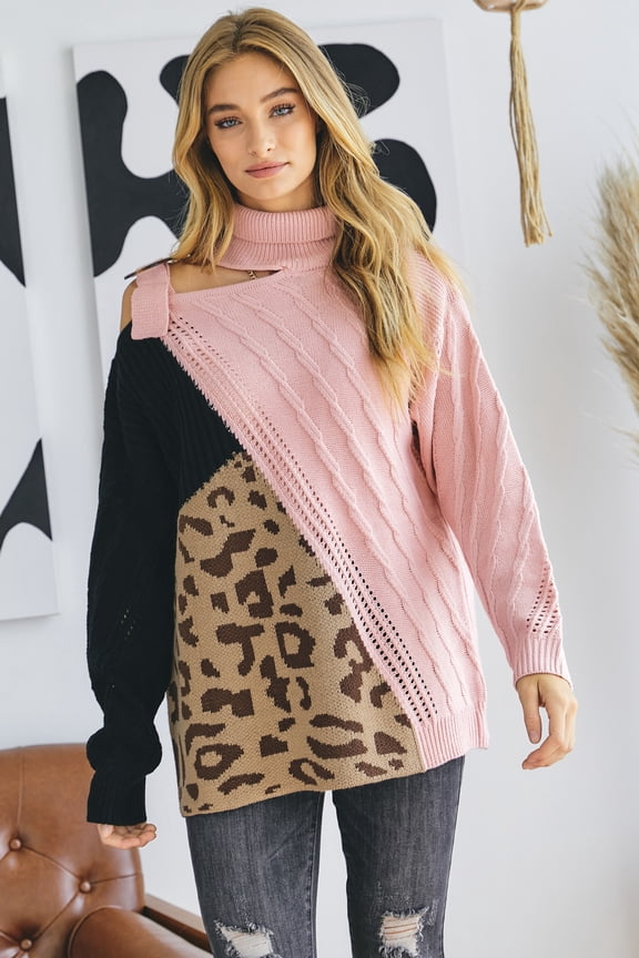 Turtle Neck Color Block Cutout Sweater S