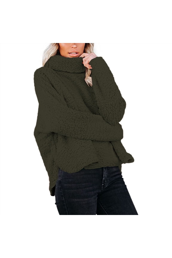 Turtle Neck Fuzzy Sweatshirt Womens Long Sleeve Soft Sweatshirts Solid Color Sweaters Coat Fall Oversized Fleece Tops