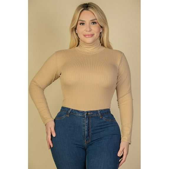 Turtle Neck Long Sleeve Bodysuit in Plus Size Ribbed Fabric