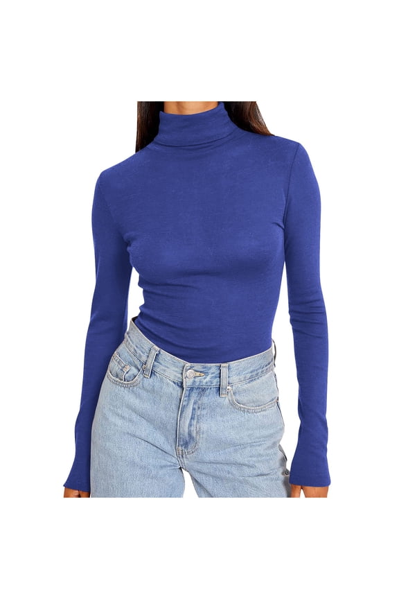 Turtle Neck Tops for Women Slim Fit Casual Pullover Base Sweater Light Solid Plus Size Long Sleeve T-shirts, 5XL Blue #01