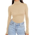thumbnail image 1 of Turtle Neck Tops for Women Slim Fit Casual Pullover Base Sweater Light Solid Plus Size Long Sleeve T-shirts, S Khaki #01, 1 of 8