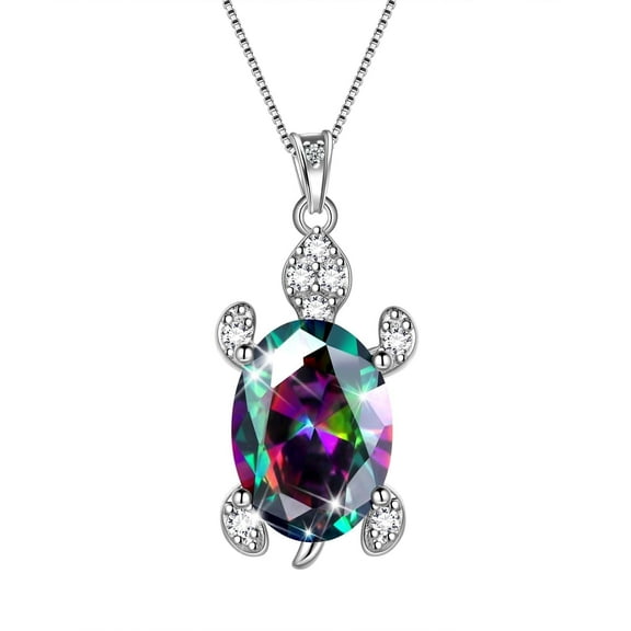 Juwaliy Turtle Necklace Rainbow Mystic Topaz Necklaces 925 Sterling Silver Pendant Crystal Jewelry Women Daughter Wife Mother Christmas Birthday Gifts for Her