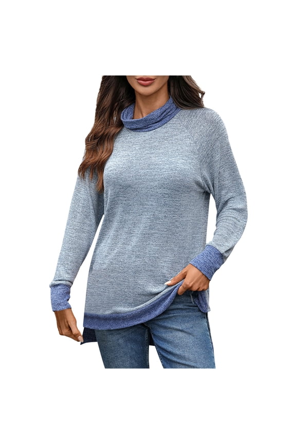Turtle Necks Tops for Women Long Sleeve Fall Shirts High Neck Dressy Blouses Fashion Contrast Color Drop Shoulder Long Loose Pullover Top