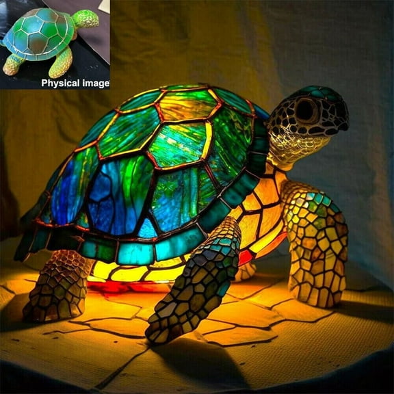 Turtle Night Light with Stained Resin Shell, Animal Table Lamp Green 4.7 in Bedroom Decor