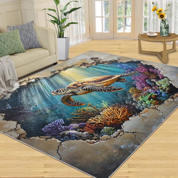 Turtle Ocean Area Rug, Coral Marine Washable Rug, Soft Non Slip Low Pile Carpet for Living Room Bedroom Home Decor 2x3ft