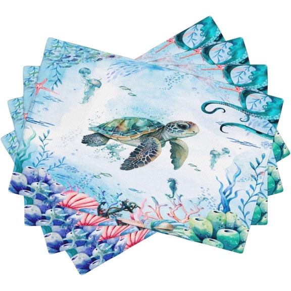 Turtle Ocean Placemats, Cartoon Blue Watercolour Ocean Coral Shell Seahorse Octopus Starfish Animal Print Washable Fabric Placemats Table Kitchen Dining Party 12x18 Inch Set of 4