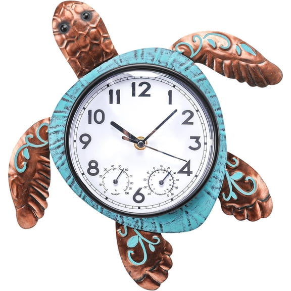 Outdoor Clock, Turtle Clock for Patio Pool Garden Home Decor | Waterproof, Thermometer Combo, 12.6 Inch, Easy to Read