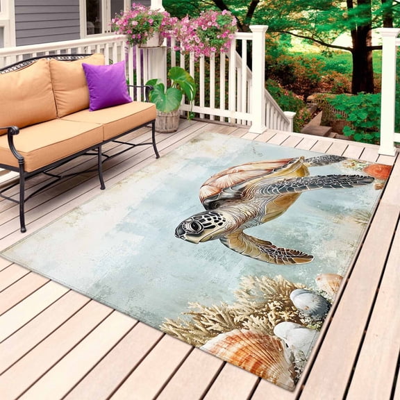 Turtle Outdoor Rug 3x5 Ft, Non Slip Washable Area Rug, Coastal Ocean Coral Reef Retro Shell Sea Patio Rugs Carpet Runner, Large Floor Mat for Indoor/Outdoor Deck Porch Camping