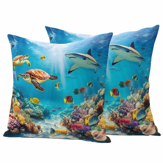 Turtle Outdoor Waterproof Pillow Covers, Shark Ocean Coral Underwater Scenery Sea Decorative Square Throw Pillowcase Sofa Cushion Sham for Patio/Couch/Chair, 20"x20" 2 Pack