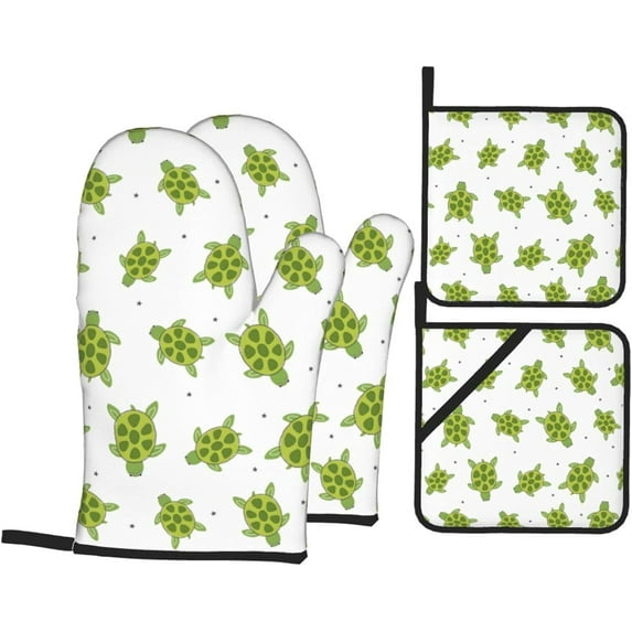 Turtle Oven Mitts and Pot Holders 4 Pcs Sets for Kitchen, Cooking Gloves Heat Resistant Oven Mitt Gloves Non Slip Potholders for Baking, BBQ, Grilling