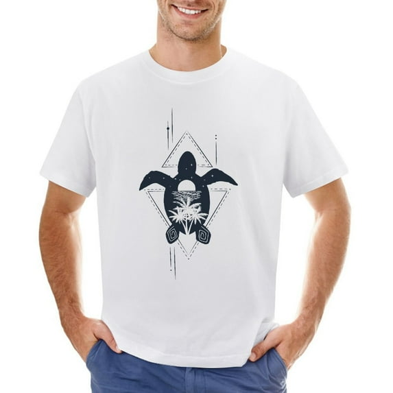 Turtle, Palms, The Moon, Stars Men’s Graphic T-shirt Vintage Short Sleeve Sport Tee White L