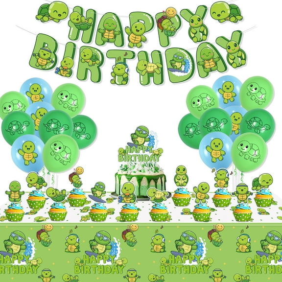 Turtle Party Decorations - Including Turtle Balloons, Happy Birthday Banner, Cake Topper, and Green Tablecloth for Under the Sea Party Decorations Turtle Birthday Party Decorations Supplies