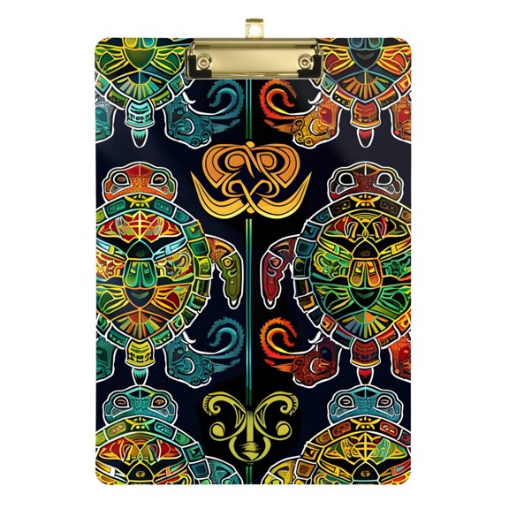 Turtle Pattern Abstract Shapes Acrylic Clipboard Drawing Board with Hook Writing Pad File Storage A4 Size Gold 12.5" x 9"
