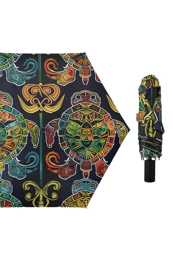 Turtle Pattern Abstract Shapes All Weather Umbrella Triple Folding Parasol 6 Ribs UV Protection Portable