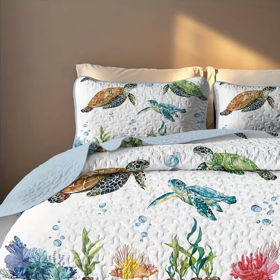 Turtle Pattern Microfiber Bedspread Set - Lightweight Summer Quilt with Matching Pillowcases for Coastal Bedroom Decor