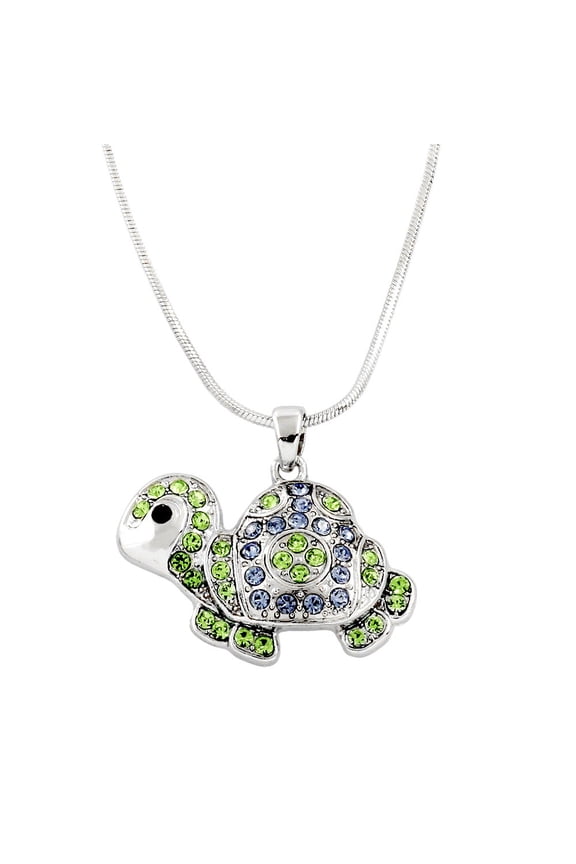 Turtle Pendant Necklace Rhinestone Crystal Rhodium High Polished J0127