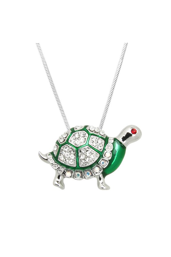 Turtle Pendant Necklace Rhinestone Crystal Rhodium Plated 17 Inch Snake Chain J0601