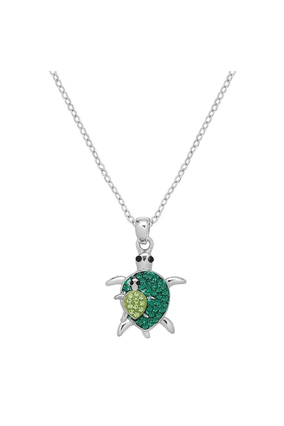 Turtle Pendant Necklace Rhinestone Crystal Rhodium Plated 17 Inch Snake Chain J1078