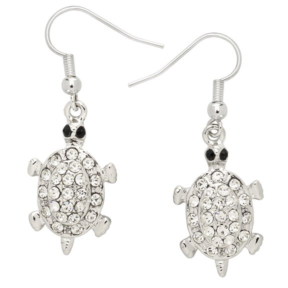 Turtle Pendant Necklace or Earring Clear Rhinestone Crystal Rhodium Plated 17 Inch Snake Chain E0780-CR