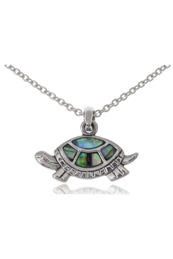 Turtle Pendant Small Cute Silvery Tone Faux Abalone Shell Fashion Necklace