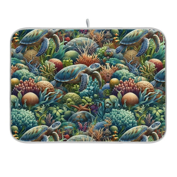Turtle Plants Coral Dish Drying Mat 16x18 Absorbent Microfiber Draining Rack Pad for Kitchen Counter Sink