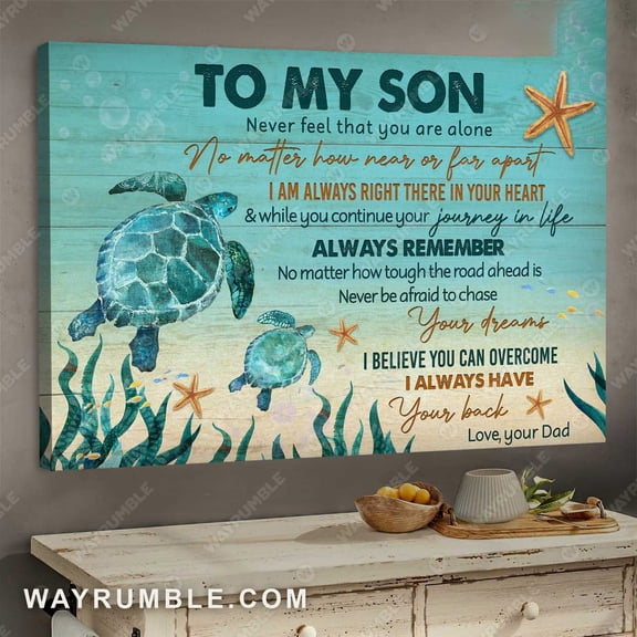Turtle Poster, Dad And Son, To My Son, Never Feel That You Are Alone, No Matter How Near Or Far Apart 11 x 17 Inch Poster