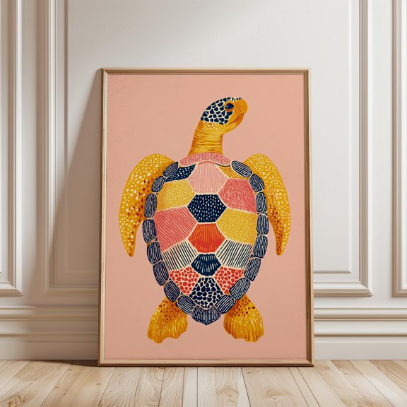 Turtle Print in Stylised Folk Lino Style Pink Yellow, Poster Only
