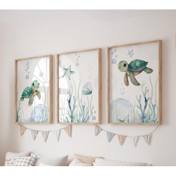 Turtle Prints Underwater Wall Art Set Ocean Posters Modern Art Turtle Kids Bedroom Decor Boy Nursery Decor Playroom Prints Set 3