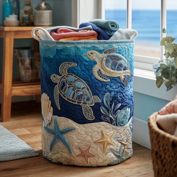 Turtle Quilted Laundry Basket, with Handles, Foldable Clothes Hamper for Bedroom Storage