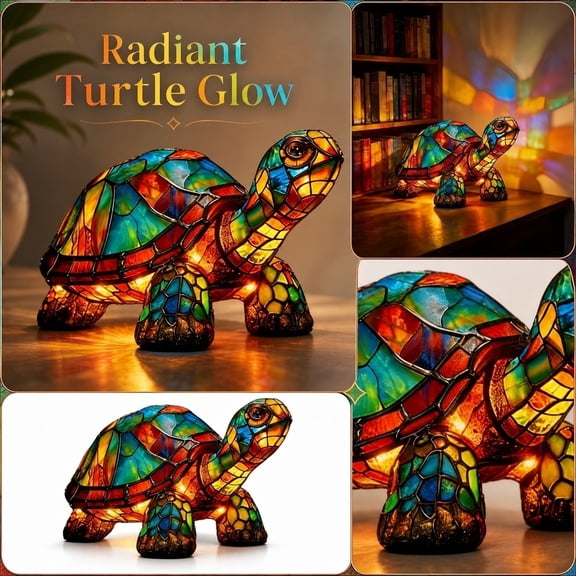 Turtle Resin Statue Table Lamp LED Night Light Stained Glass Style Decorative Desktop Ornament for Home Office Bedside Lighting Decor