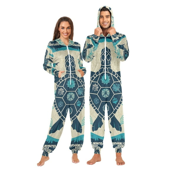 Turtle Retro Adult Onesie Pajamas Slim Fit Christmas One Piece Suit Pjs for Women and Men Hooded Zipper
