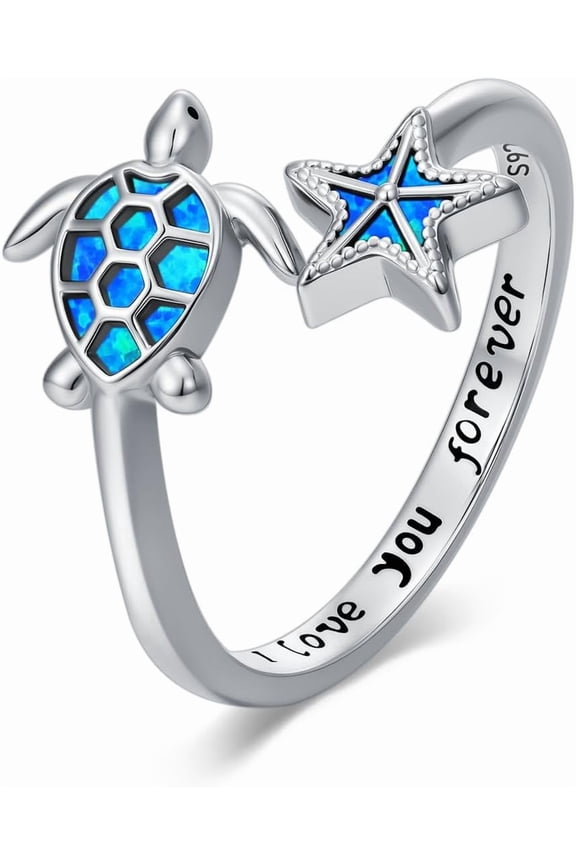 Turtle Ring 925 Sterling Silver Blue Opal Sea Turtle Starfish Rings Jewelry Gifts for Women