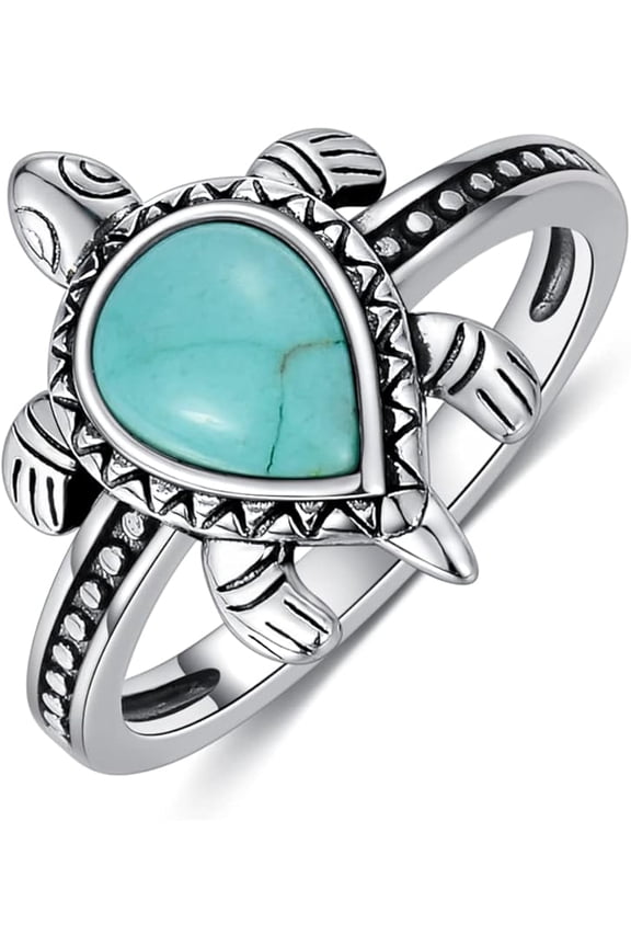 Turtle Ring 925 Sterling Silver Genuine Turquoise/Larimar/Jade Ring Turtle Design Sea Tortoise Gifts for Women Best Friend Her