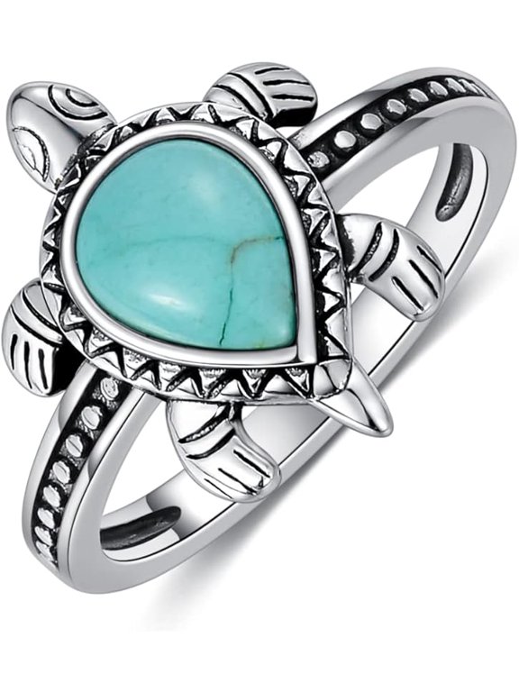 Turtle Ring 925 Sterling Silver Genuine Turquoise/Larimar/Jade Ring Turtle Design Sea Tortoise Gifts for Women Best Friend Her