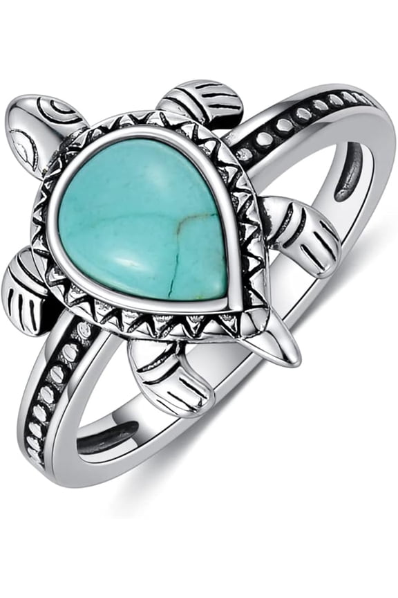 Turtle Ring 925 Sterling Silver Genuine Turquoise/Larimar/Jade Ring Turtle Design Sea Tortoise Gifts for Women Best Friend Her