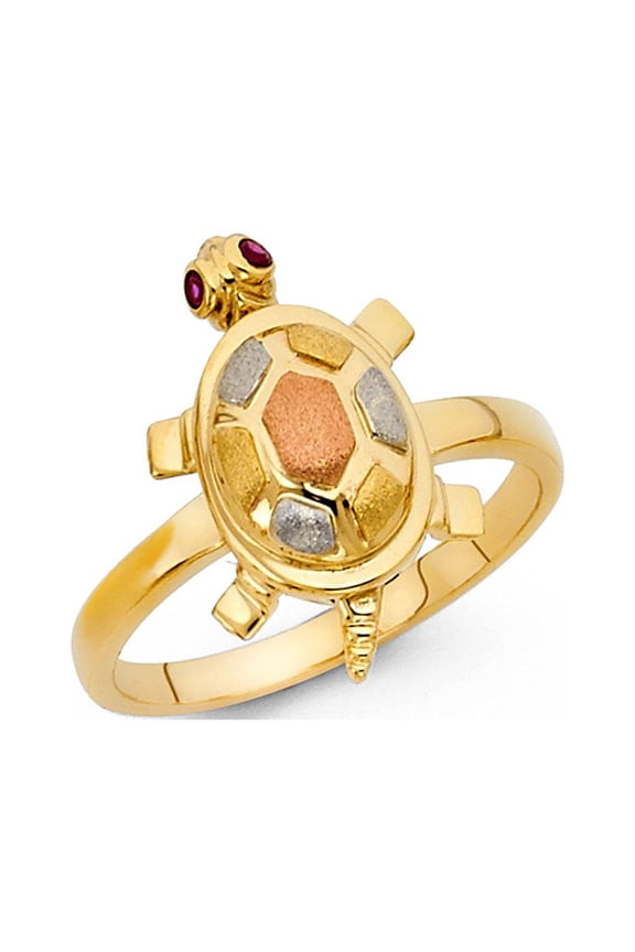 Turtle Ring CZ Solid 14k Yellow White Rose Gold Good Luck Charm Band Polished Finish Tri Color, Size 8.5
