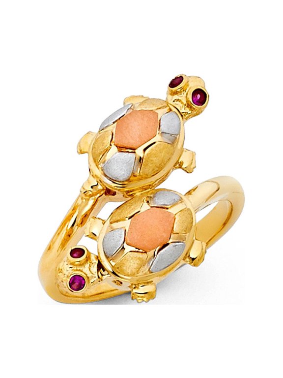 Turtle Ring Solid 14k Yellow White Rose Gold Two Turtles Curve Band CZ Good Luck Charm Tri Color, Size 5
