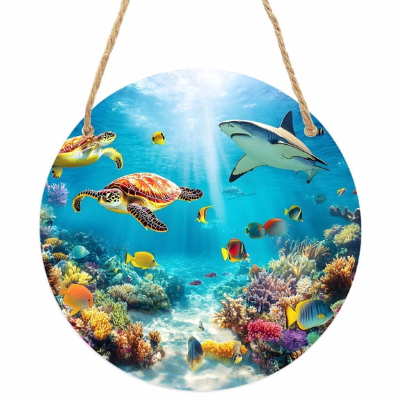 Turtle Round Front Door Welcome Sign, 7.8 Inch Wall Hanging Decor for Indoor Outdoor, Shark Ocean Coral Underwater Scenery Sea Home Porch Hanger Decorations for Holiday Gift