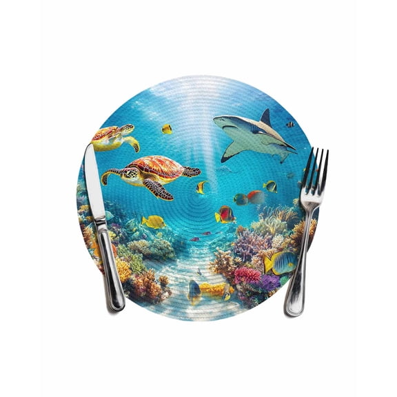 Turtle Round Placemats for Dinning Tables, Heat-proof Braided Table Mats 13 Inch, Shark Ocean Coral Underwater Scenery Sea Washable Place Mat for Kitchen Restaurant Party Decor Supplies Table Setting