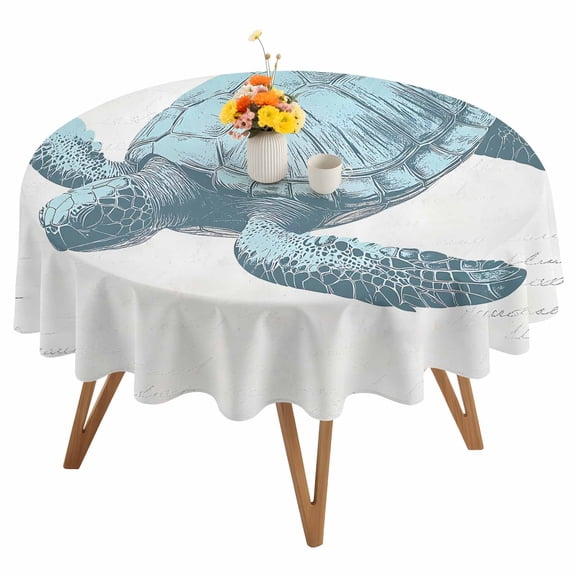 Turtle Round Tablecloth 54 inches Blue Ocean Animal Vintage Texture Waterproof Oil-Proof Table Cloth Round Table Cover for Holiday Party Picnic Dinner Decor Indoor and Outdoor Use