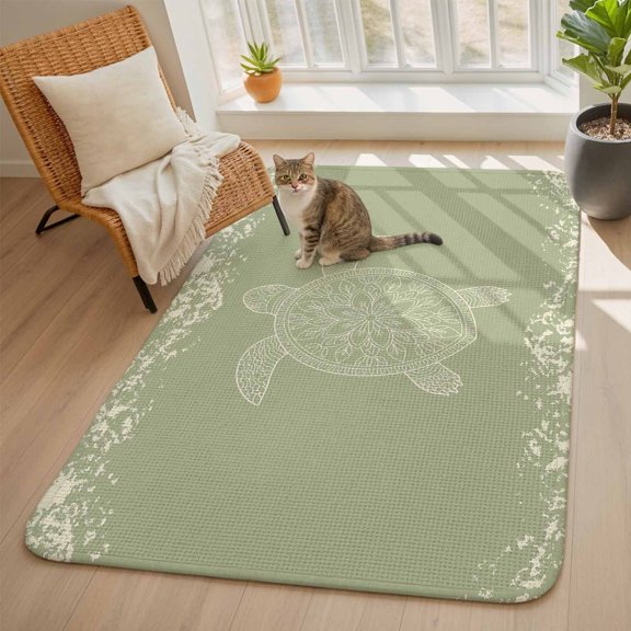 Turtle Sage Green Area Rugs for Living Room 5x6, Lines Floral Mottled Pattern Washable Area Rug with Non Slip Backing, Stain Resist Linen Carpet for Bedroom, Dining Room, Entryway, Entrance