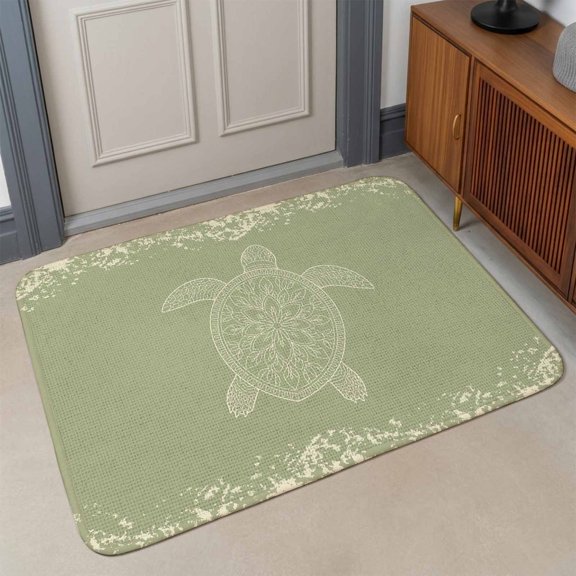 Turtle Sage Green Front Door Mat Indoor Entrance, Lines Floral Mottled Pattern Absorbent Dirt Resist Welcome Mats Non-Slip Low-Profile Doormat Washable Entry Rug Indoor Outdoor 17x30 Inch
