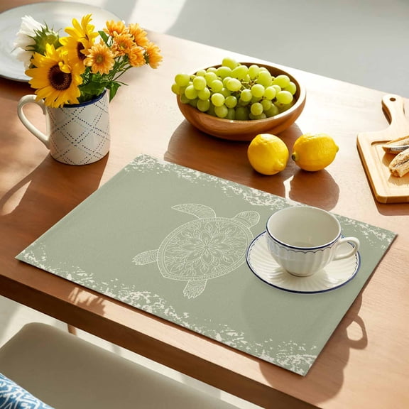 Turtle Sage Green Placemats Set of 1, Lines Floral Mottled Pattern Non-Slip Place Mats Washable Table Mats for Kitchen Dining Table Decorations Indoor/Outdoor