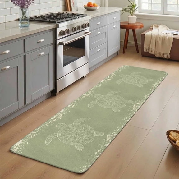 Turtle Sage Green Washable Runner Rug 3X7 ft Lines Floral Mottled Pattern Non-Slip Hallway Runner Rug, Linen Kitchen Runner Mats, Indoor Floor Carpet for Entryway Bathroom Bedroom Living Room