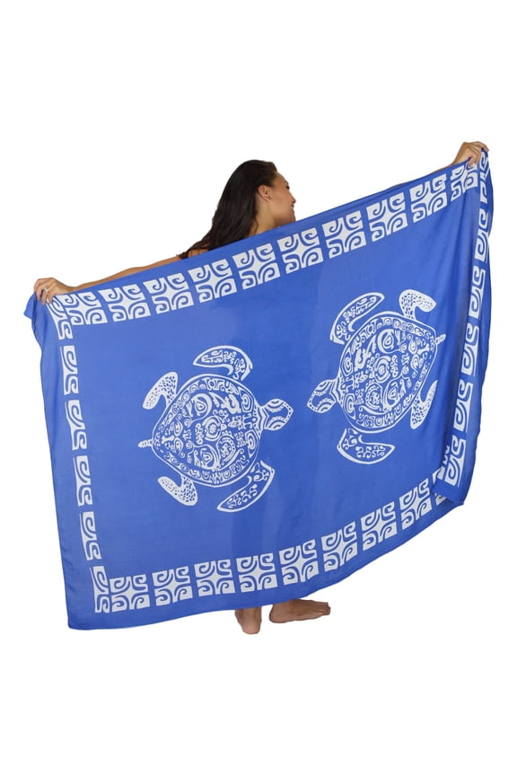 Island Style Women's Pareo Sarong Cover-up- Hawaiian Tribal Turtle Print, White and Blue