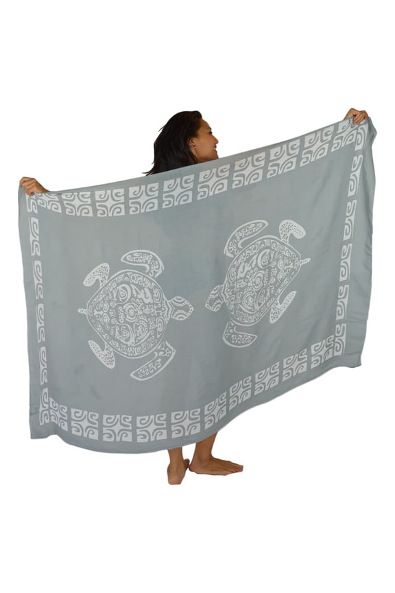 Island Style Women's Pareo Sarong Cover-up- Hawaiian Tribal Turtle Print, Gray and White