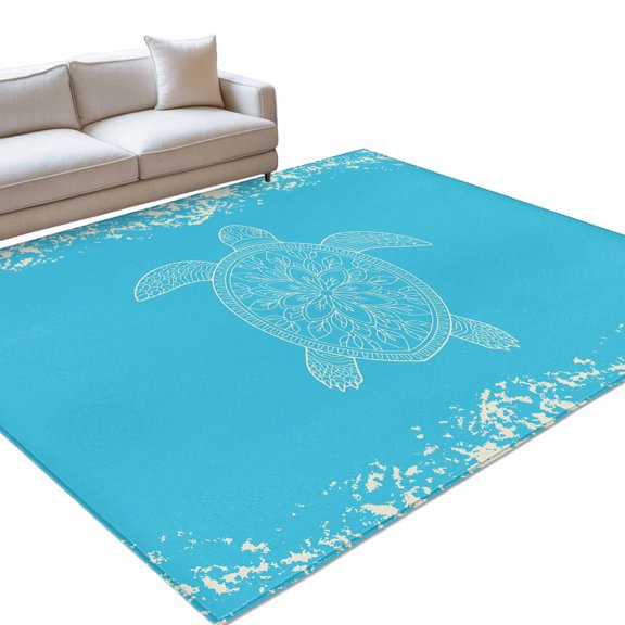 Turtle Sea Blue Area Rugs 6x9ft Lines WaterColor Turtle Mottled Pattern Floor Rug Non Slip Low Pile Ultra Soft Throw Carpet for Entryway Indoor Entrance Kitchen Bathroom