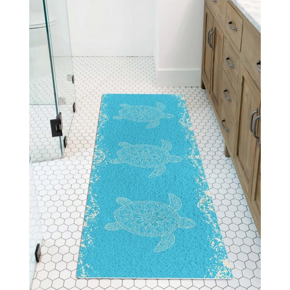 Turtle Sea Blue Non-Slip Bathtub Mat, Lines WaterColor Turtle Mottled Pattern PVC Bath Mat for Tub Quick Drying Shower Mats for Inside Shower, Foot Scrubber Loofah Bathroom Mats 47x16 Inches